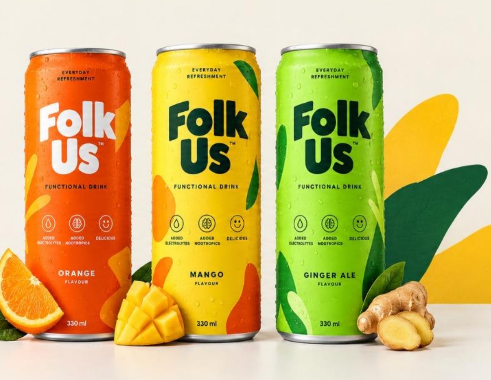 FolkUs Orange, Mango and Ginger Ale functional drink cans